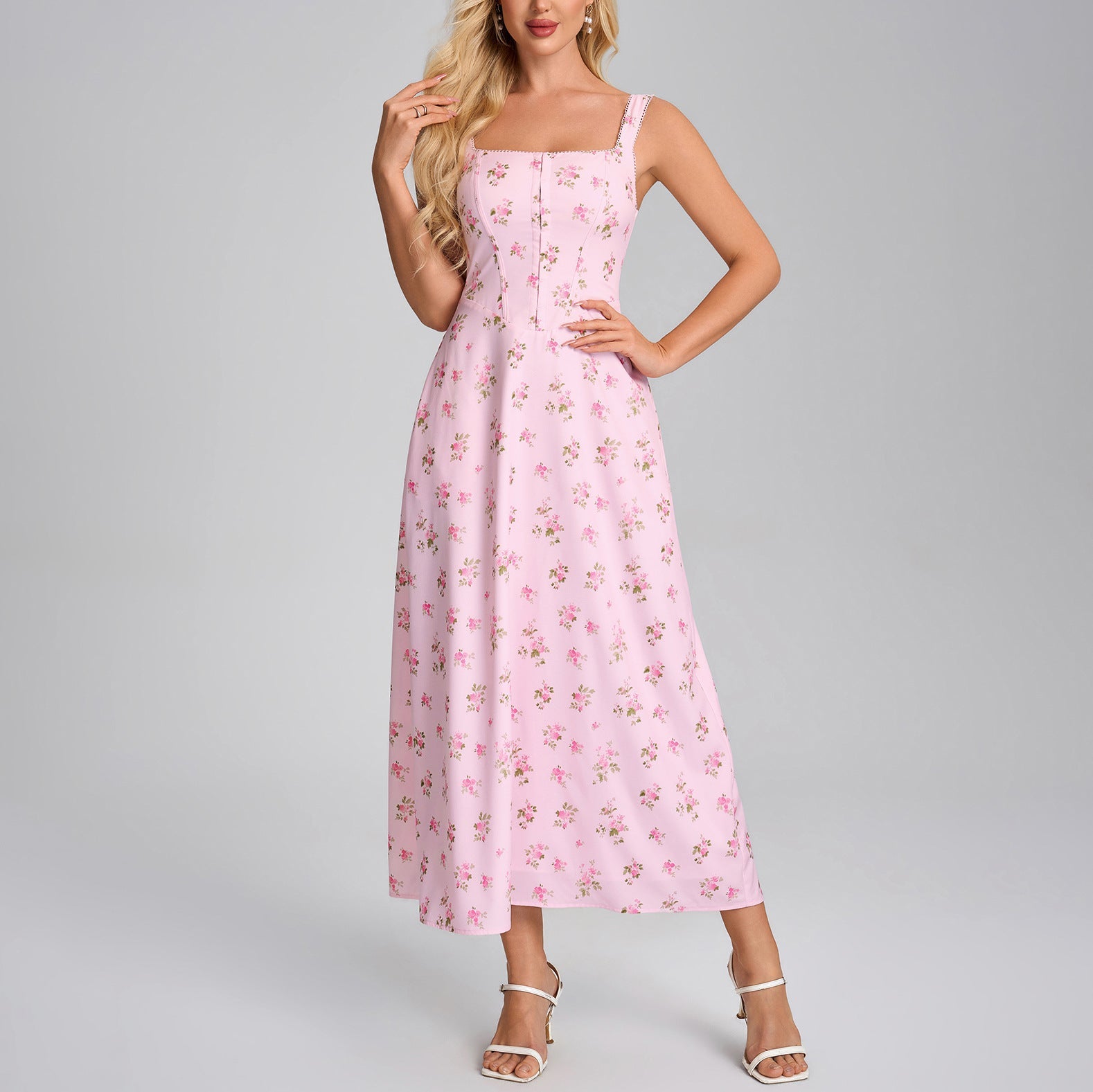 Summer Printing Slip Dress Sexy Square Collar Backless Lace up Slim Vacation Dress
