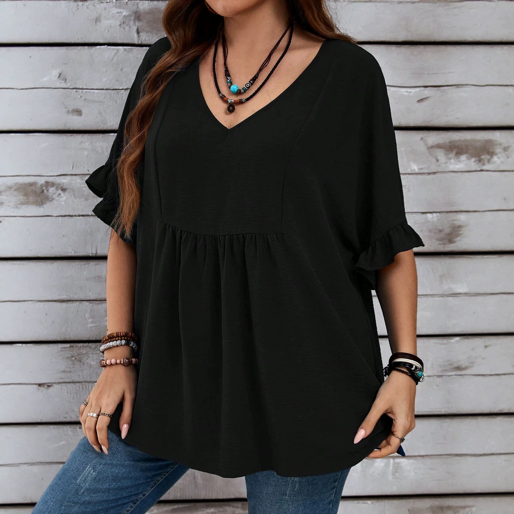 Plus Size Summer Women V neck Solid Color Loose Ruffled High Waist Half Sleeve Top