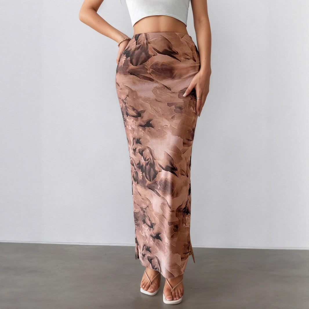 Women Clothing Summer Printed Skirt Sexy Side Split Slimming All-Matching Graceful Long Skirt