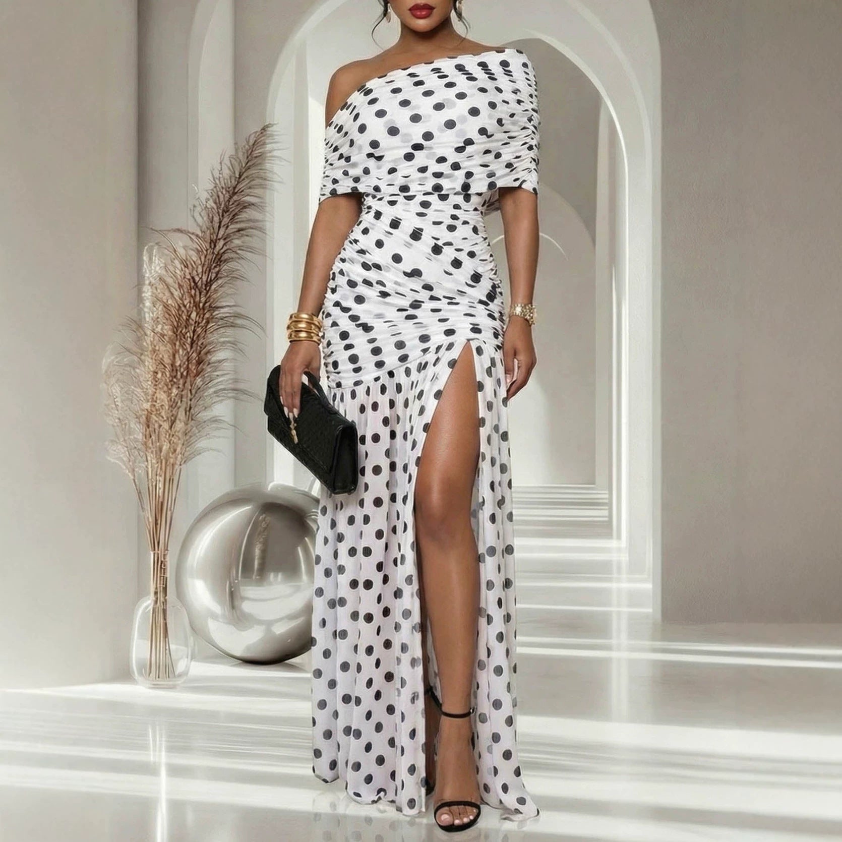 Women Dress Polka Dot Split Patchwork Cold Shoulder Cocktail Sheath Dress