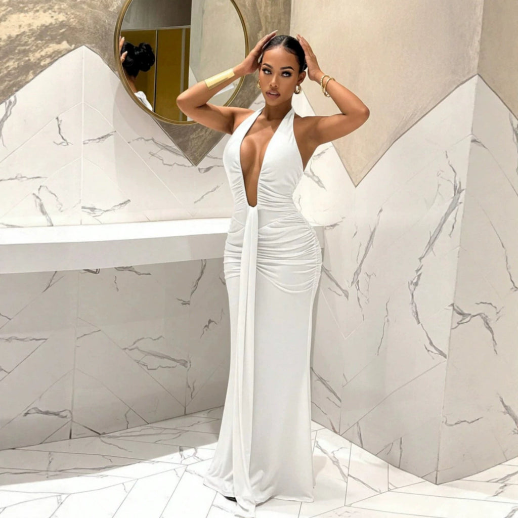 Women Halter Deep V Plunge Pleated Slim Fit Mopping Dress Slimming Sheath Fishtail Dress
