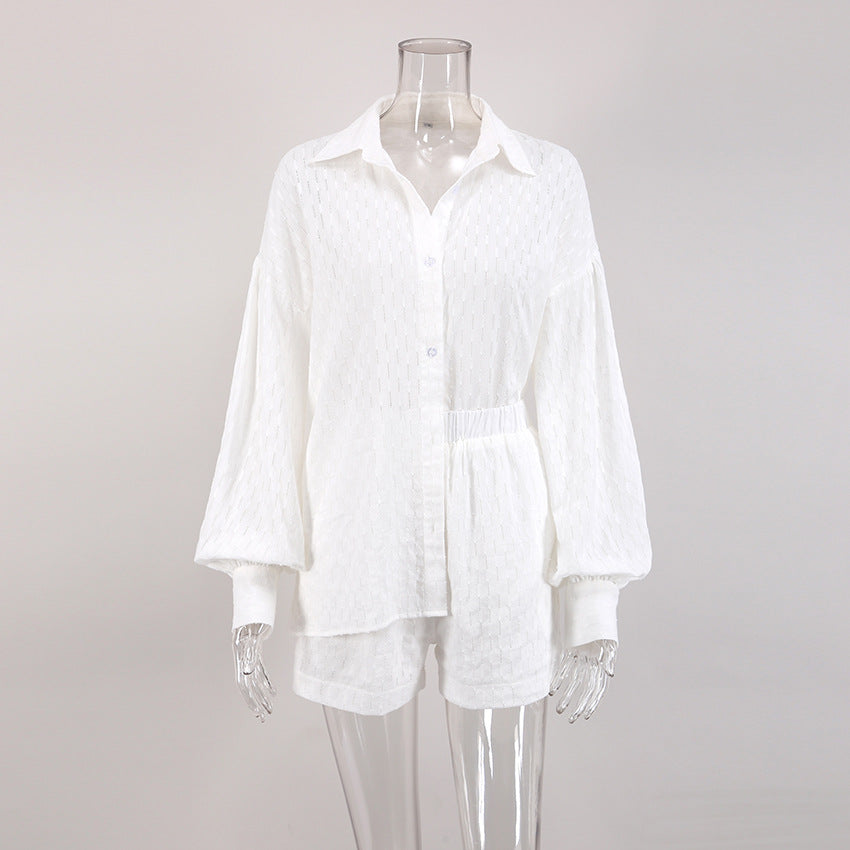 Summer French White Jacquard Cotton Puff Sleeve Casual Shorts Set Ladies Homewear Cool Pajamas