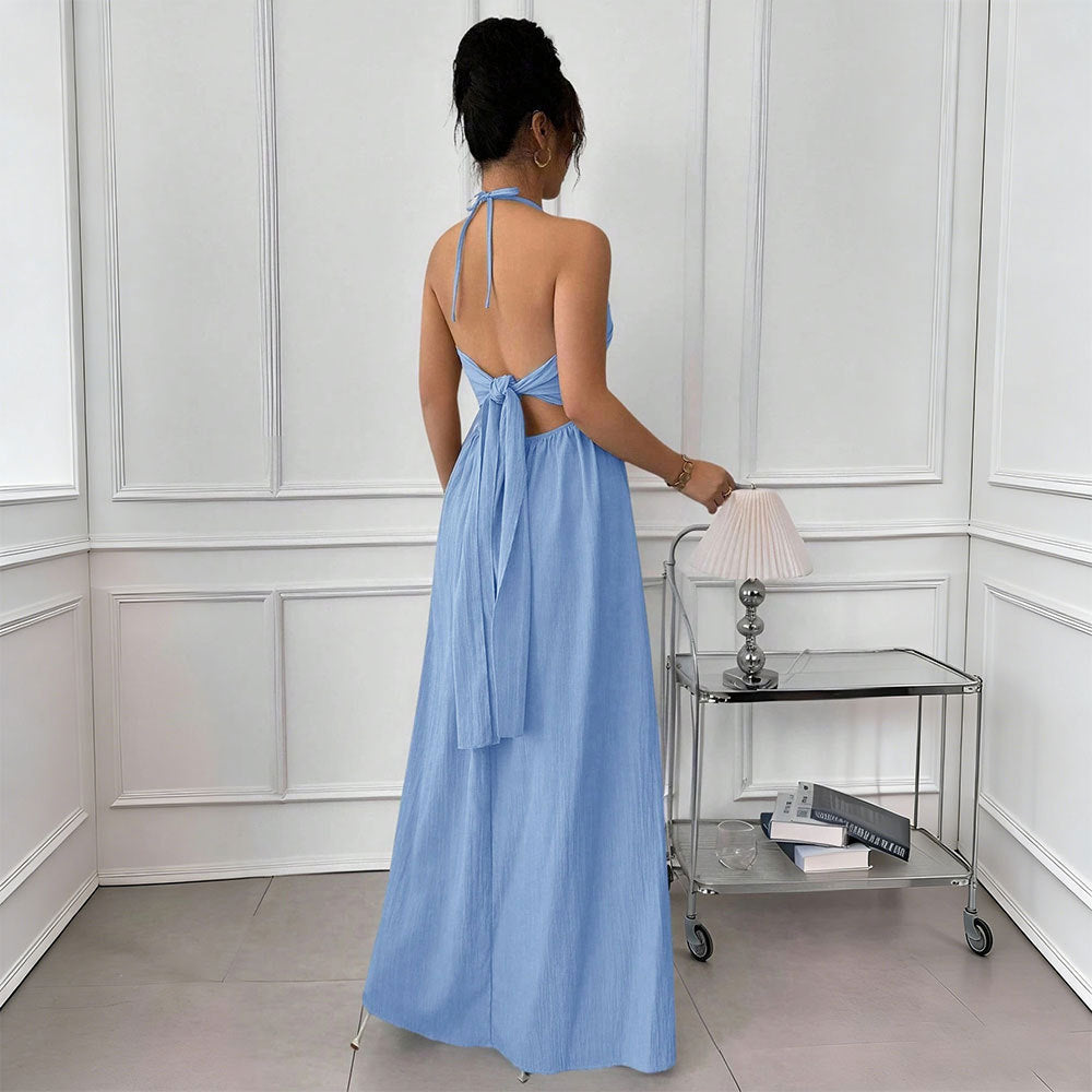 Summer Blue Halter Backless Dress Lace up Waist Slimming Seaside Vacation Gentle