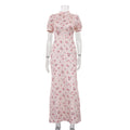 Women Printed Stand Collar Short Sleeve Sheath Dress Hollow Out Cutout High Waist Elegant Dress