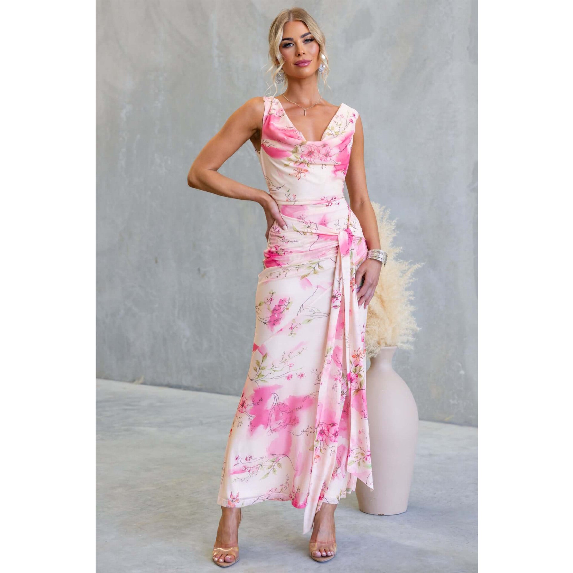 Spring Summer Floral Printed Mesh Slim Fit Backless Sexy Lacing Mid Length Dress