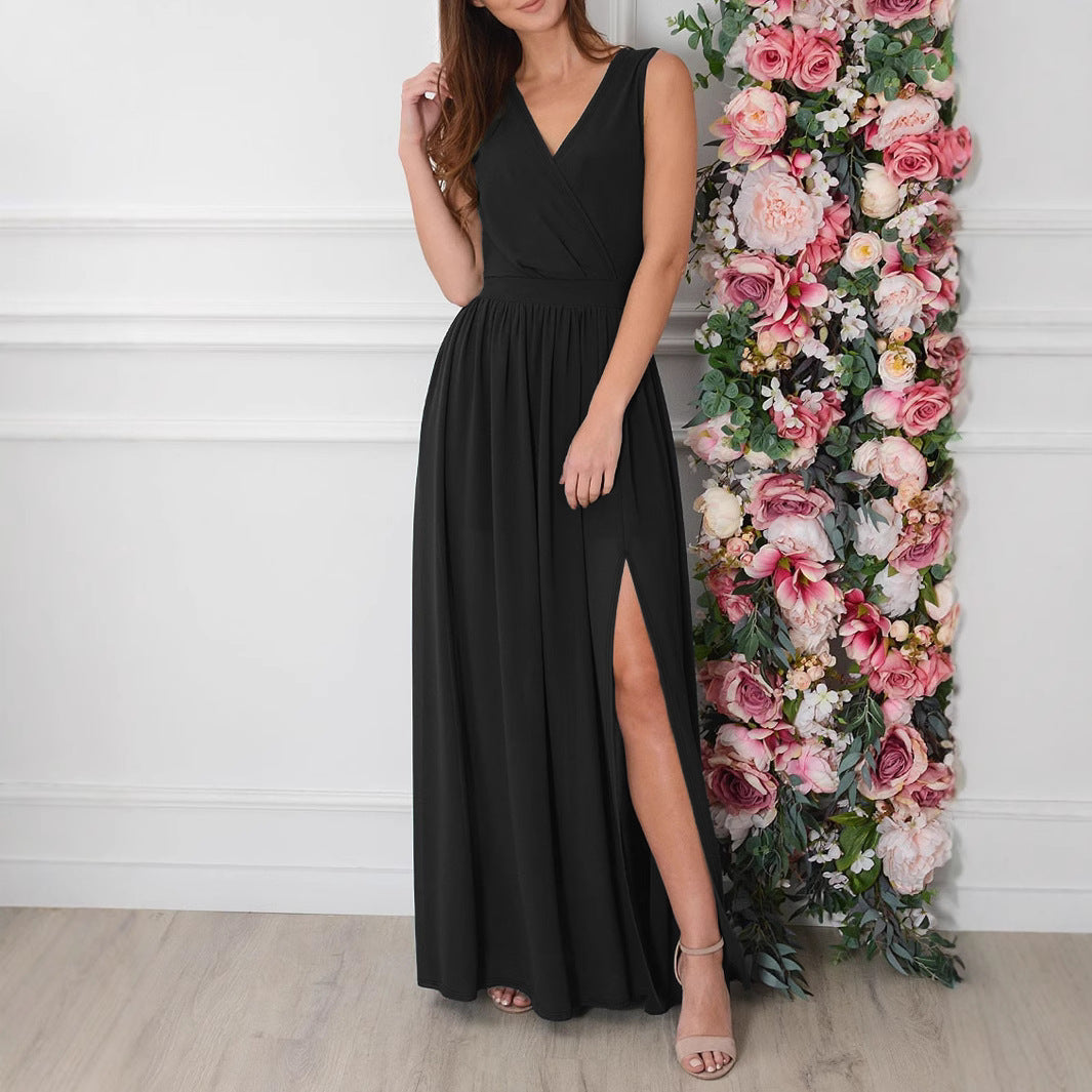Women Clothing Summer Solid Color V neck Sexy Slit Hemline Hem Dress
