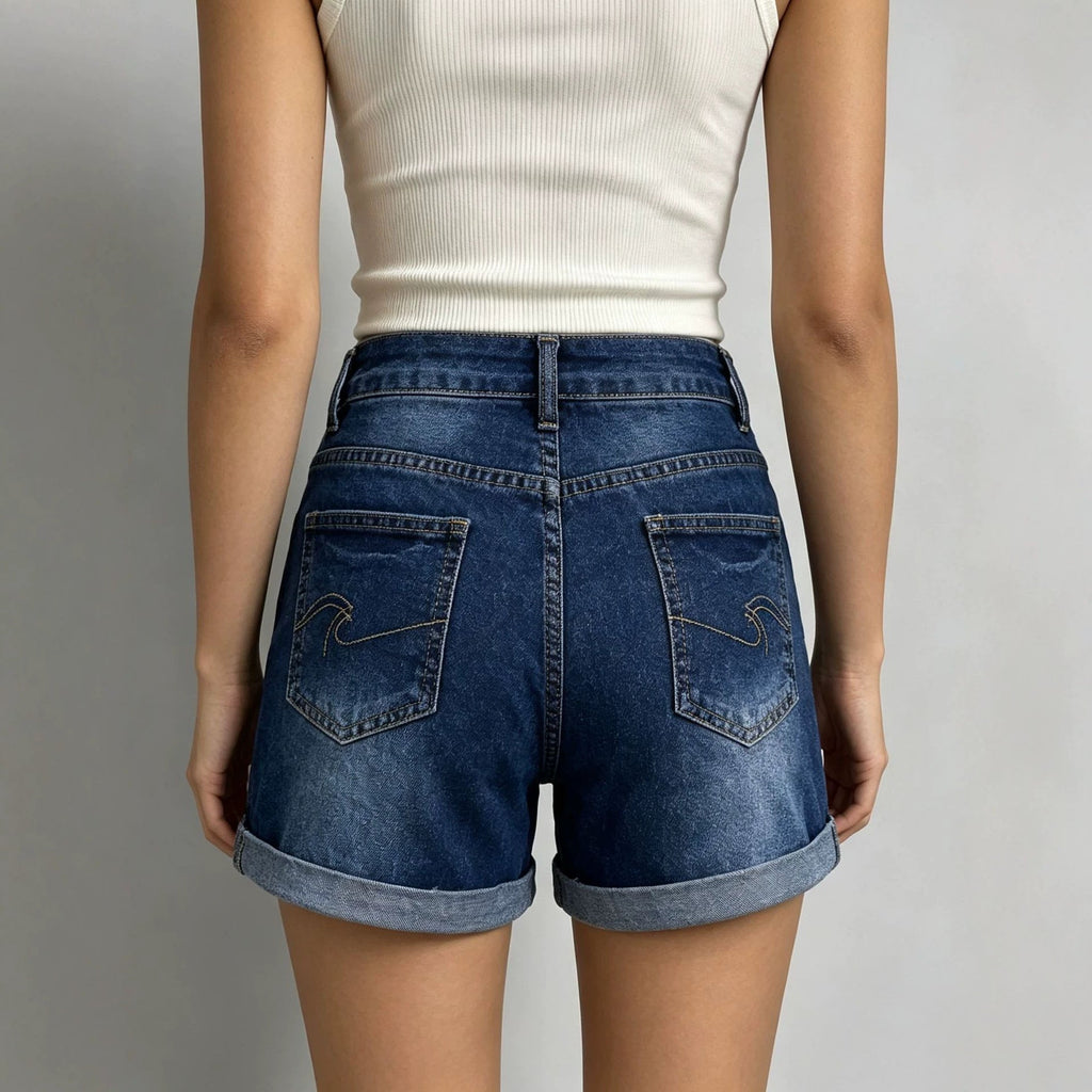 Summer Dark Blue Retro Elastic High Waist Casual Women Denim Shorts