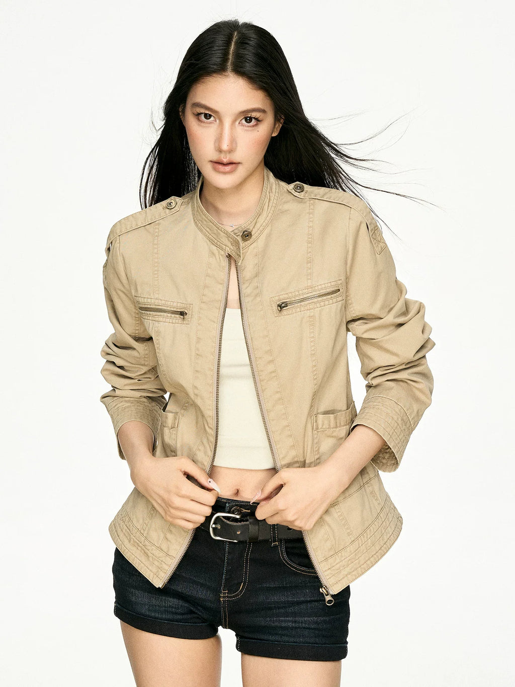 Retro Distressed Stand Collar Cropped Jacket