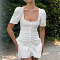 Cotton White U Collar High Waist Puff Sleeve Dress Summer Short Dress Women