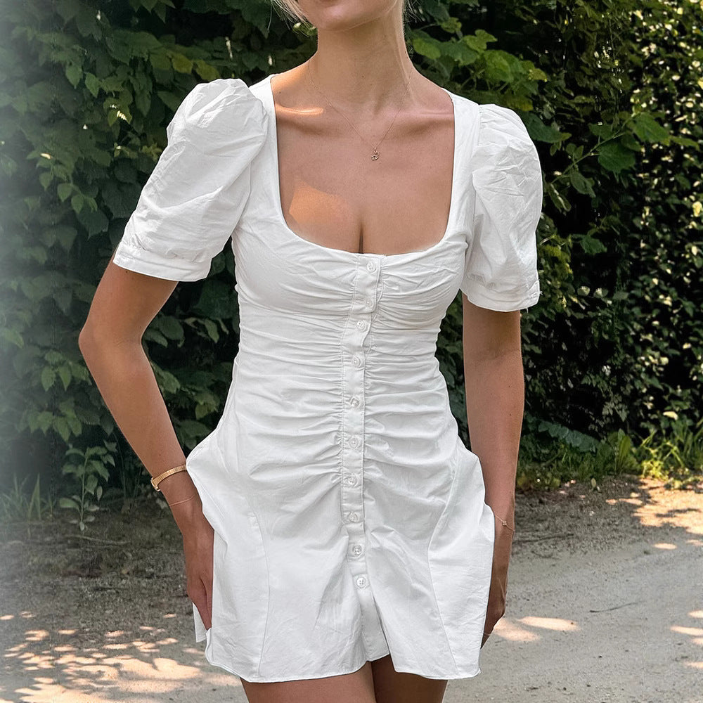 Cotton White U Collar High Waist Puff Sleeve Dress Summer Short Dress Women