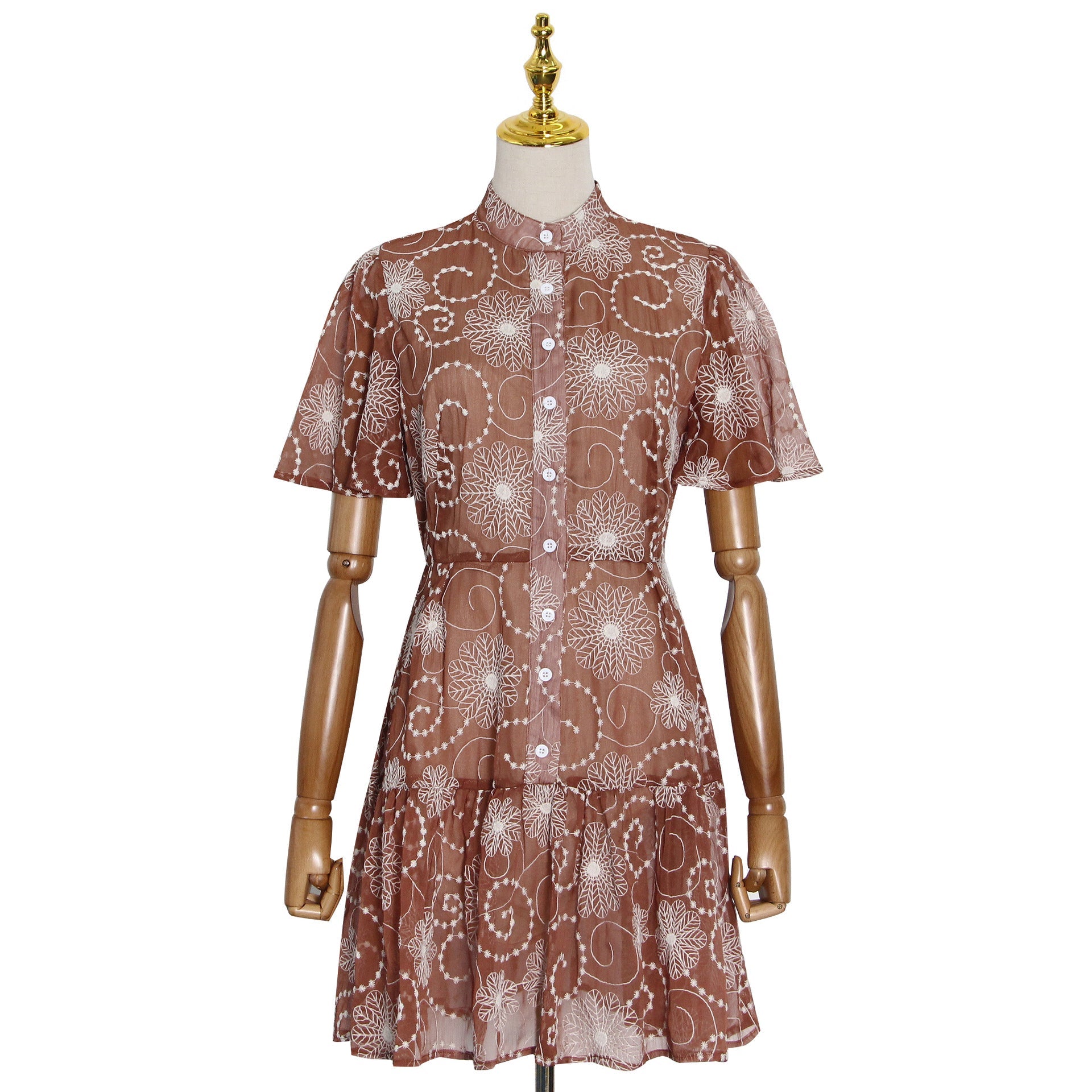 Early Spring Elegant Stand Collar Short Sleeve Printed Short Dress Plus Size Tiered Dress