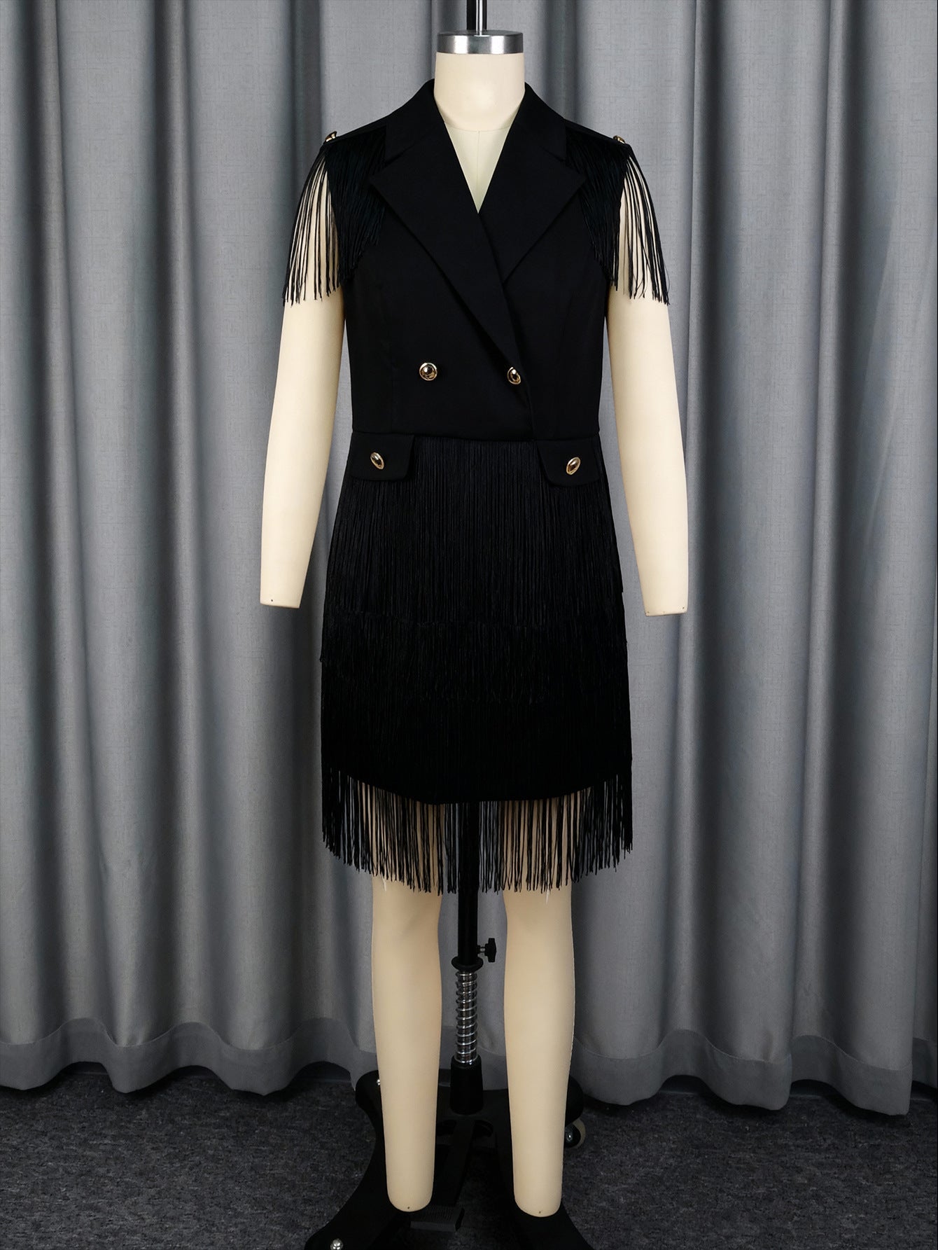 V neck Short Party Dress Double Breasted Waist-Tight Tassel Hem Office Dresses