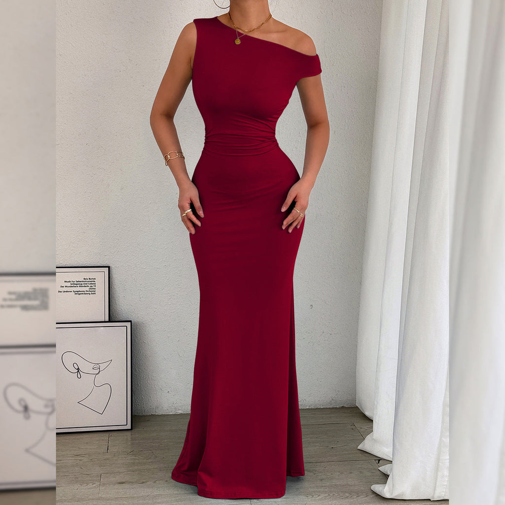 Women Fishtail Dress Slant Shoulder Collar Waist Pleated Sleeveless Sexy Dress