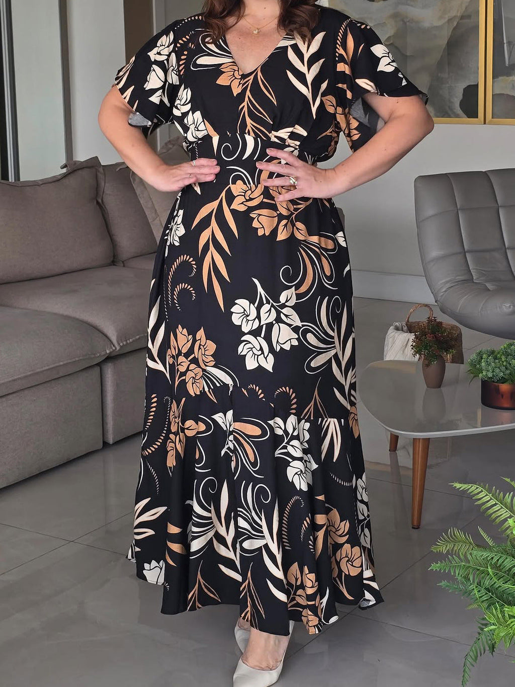 Women Vacation Casual Elegant Ruffle Sleeve V neck Tight Waist A line Dress