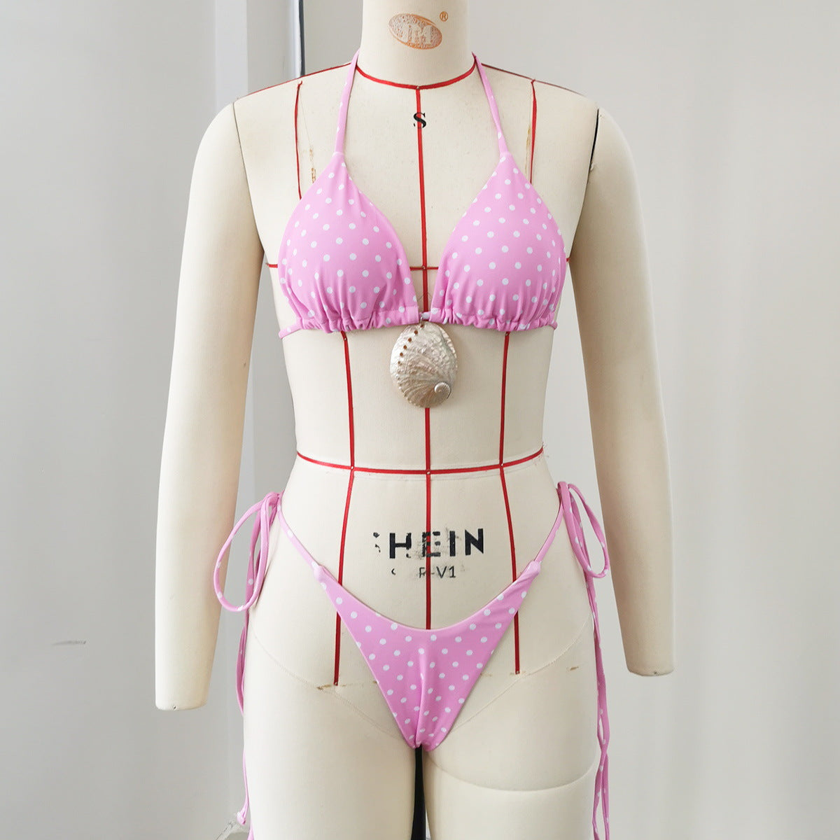 Solid Color Dot Polka Dots Printed Three Point Sexy Lace up Backless Low Waist Bikini Split Swimsuit