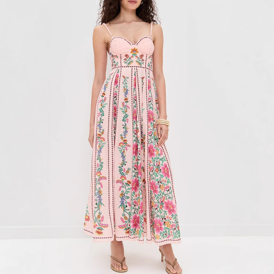 Spring Summer Suspender Positioning Printing Dress Vacation Loose Linen Dress