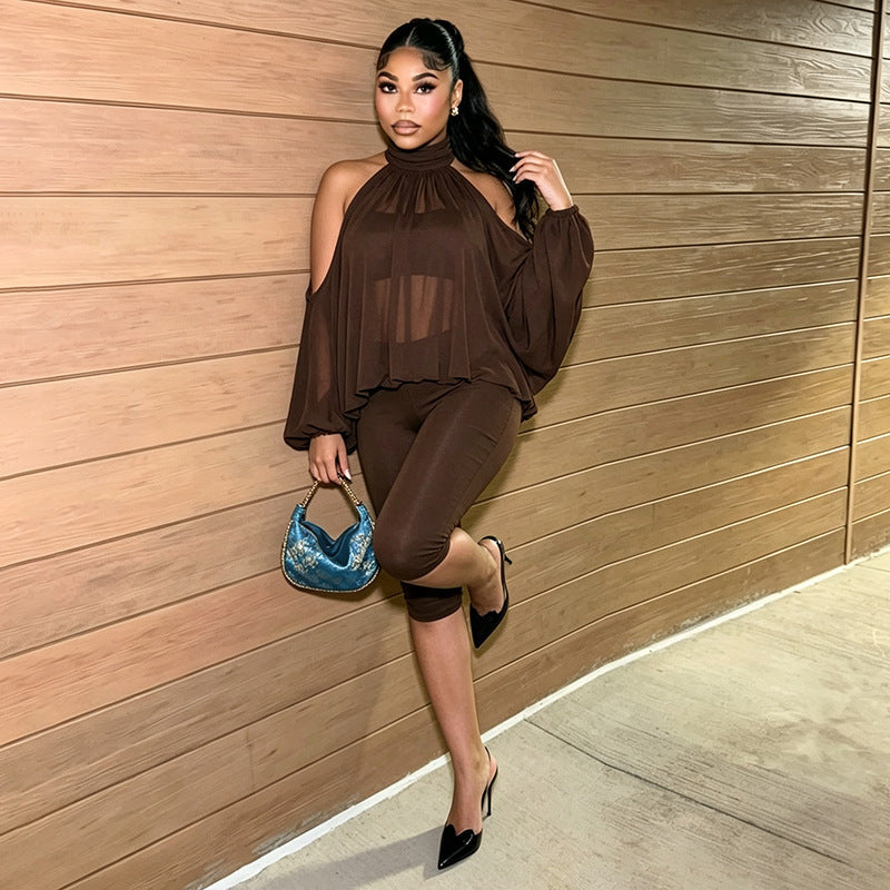 Women Clothing Autumn Winter Solid Color round Neck off the Shoulder Long Sleeve Top Tube Top Cropped Trousers Three Piece Set