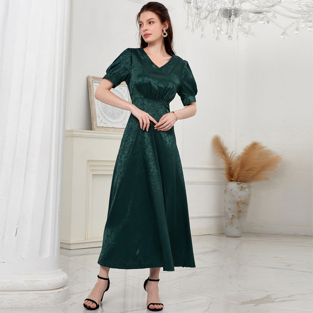 Women Clothing Summer Casual High Waist Solid Color V neck Puff Sleeve Dress