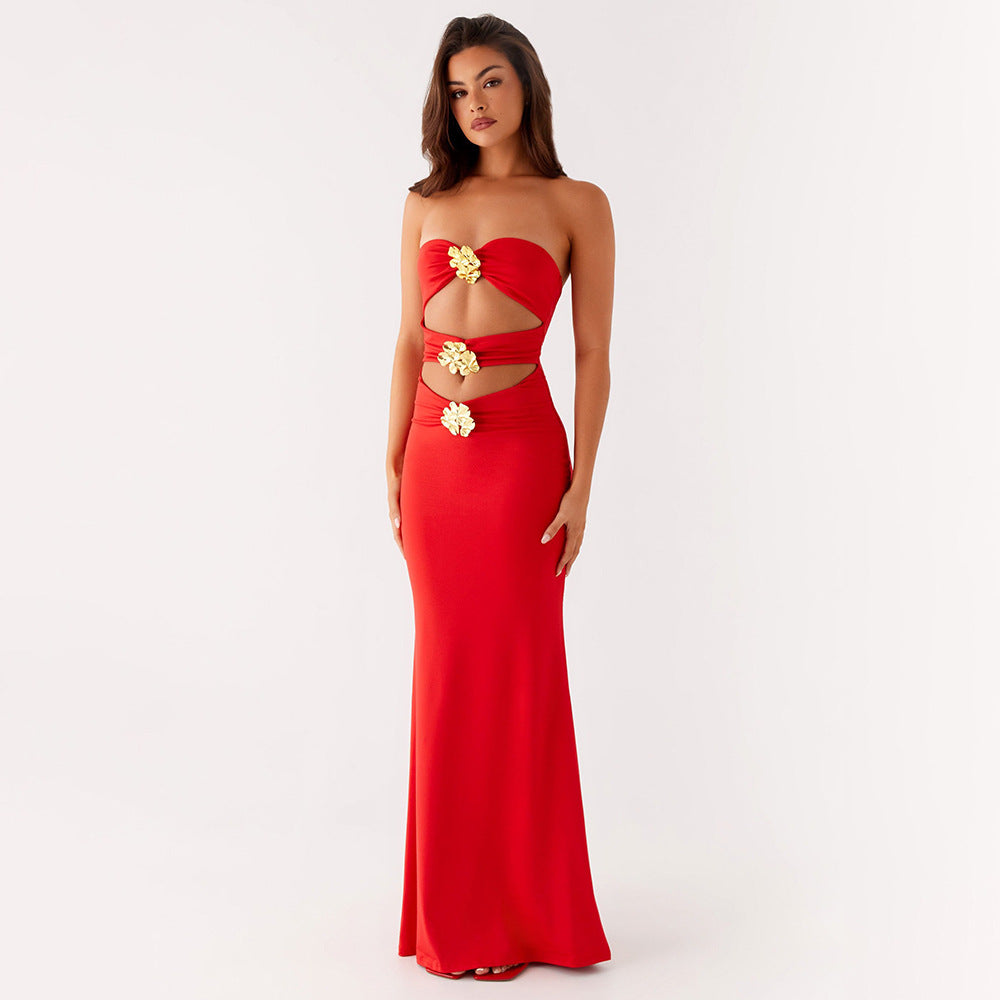Summer Ladies Sexy Cutout Dress off Neck Metal Floral Sexy Slim Fit Maxi Dress