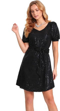 Women Short Sleeve V neck Sequ Mini Sequin Dress with Belt Shiny Cocktail Party Dress Elegant