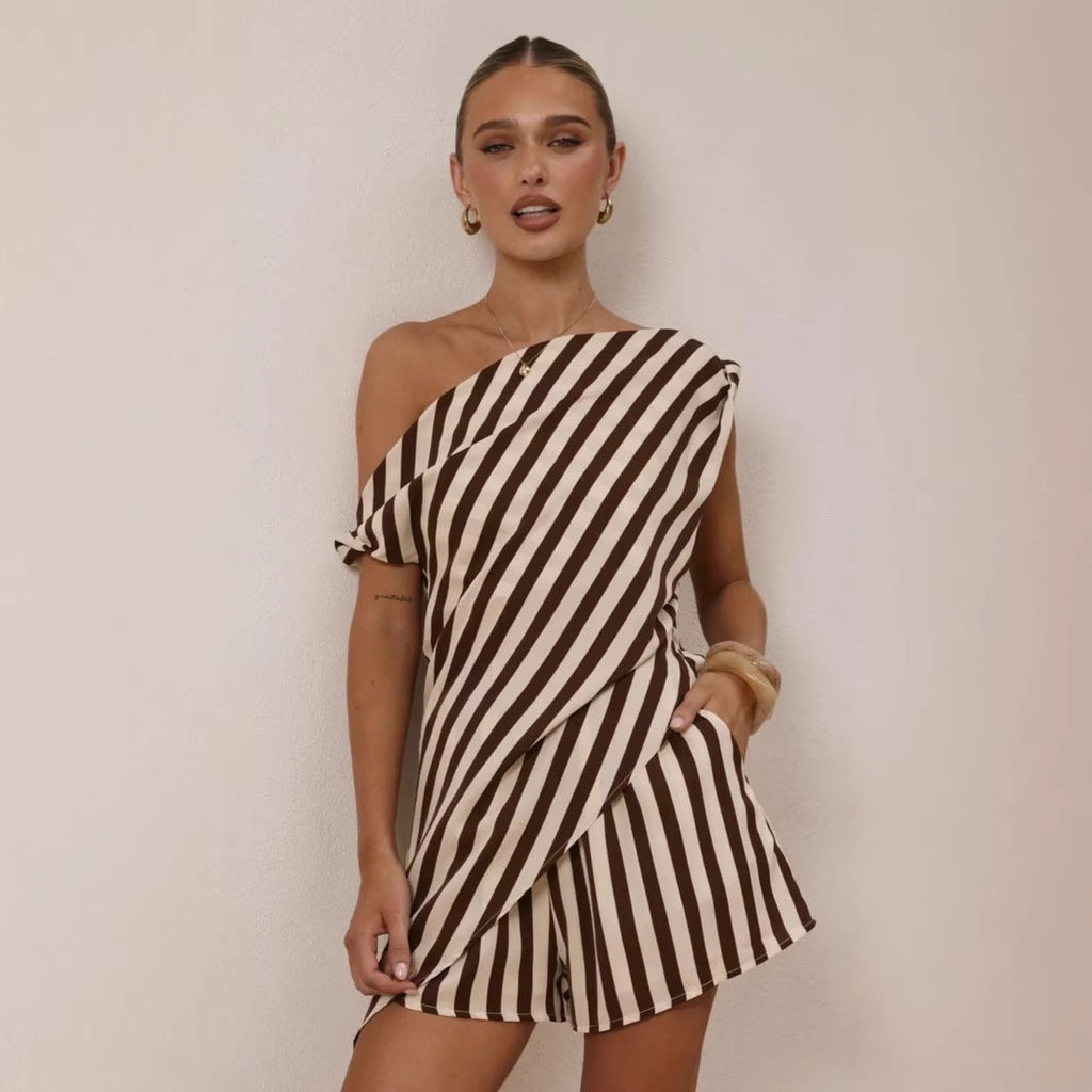 Summer Printed Shoulder Personal Casual Top Loose Shorts Two Piece Sets