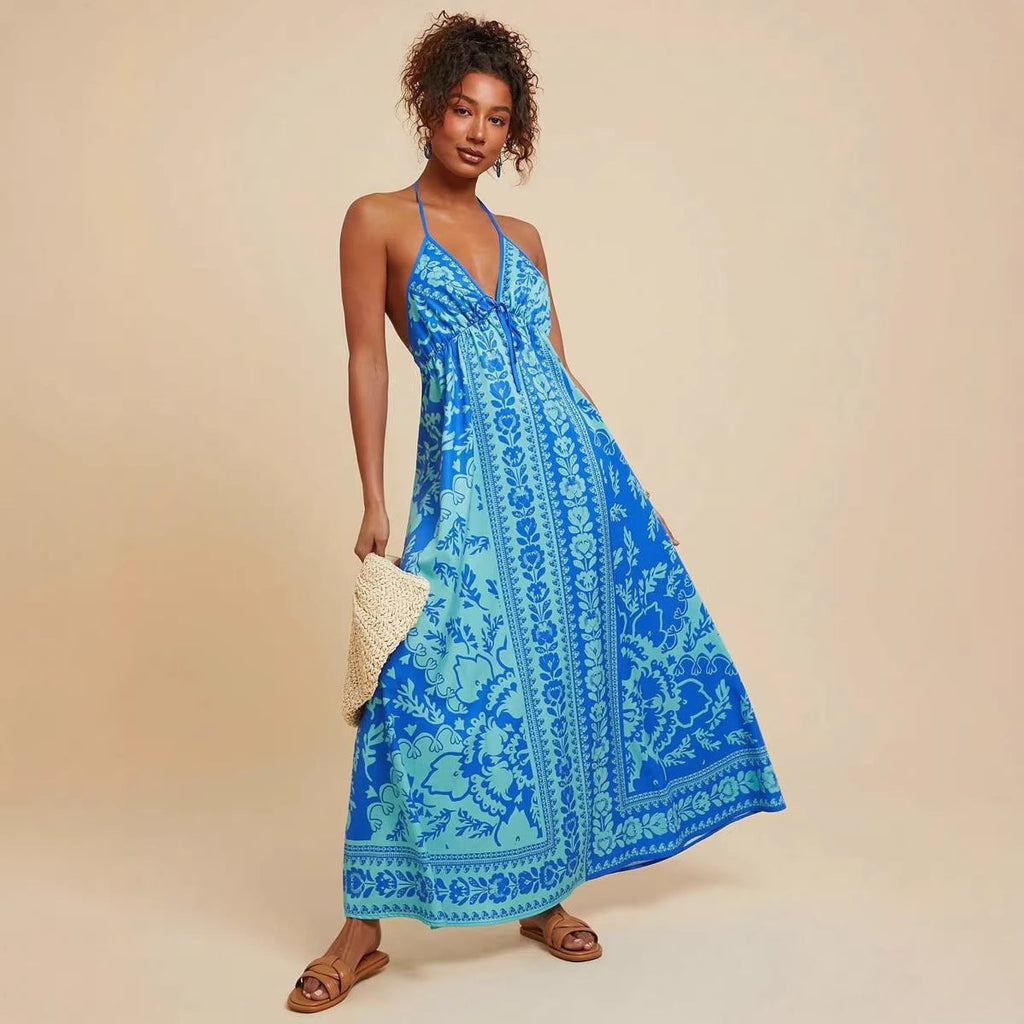 Summer V neck Backless Sexy Positioning Printed Burnt Floral Dress