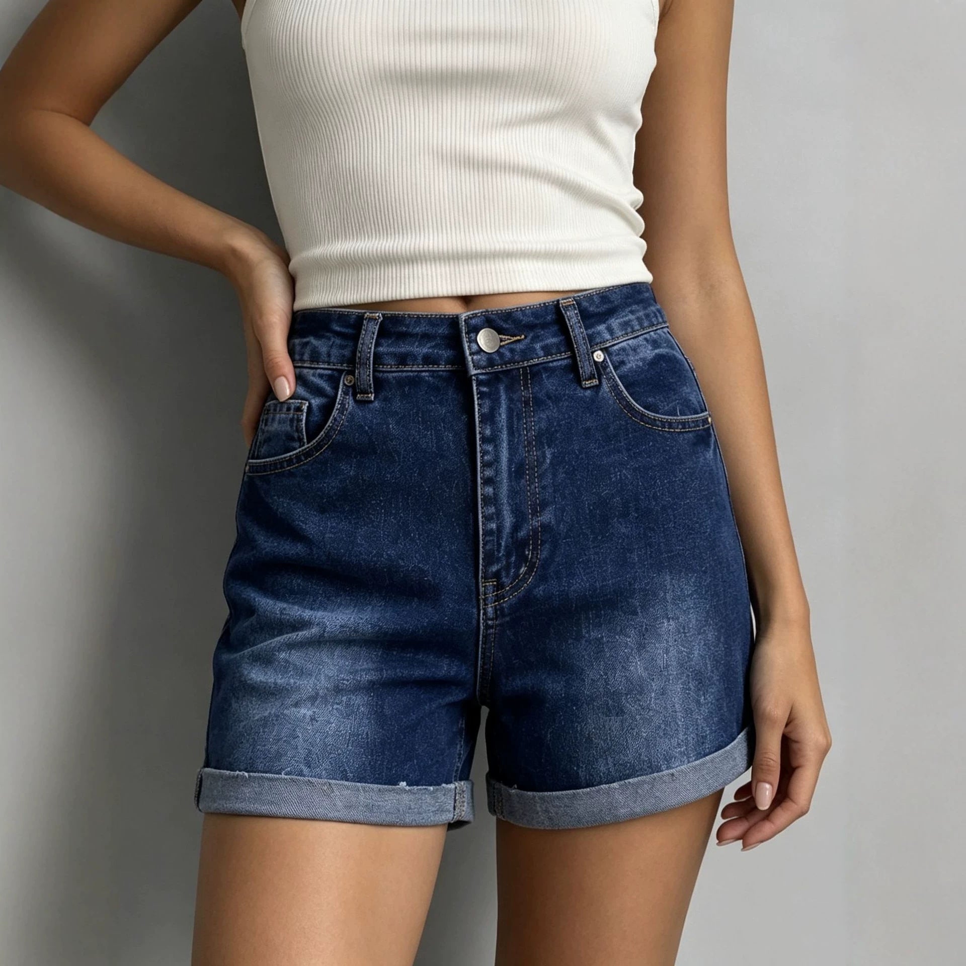 Summer Dark Blue Retro Elastic High Waist Casual Women Denim Shorts