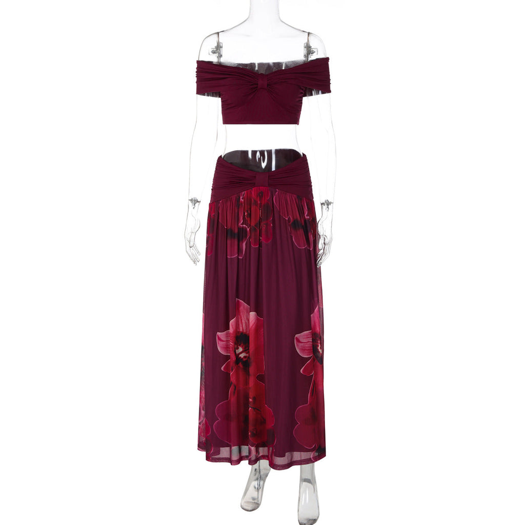 Women off Neck Peplum Top Floral Print Maxi Dress Casual Faux Two Piece Sets
