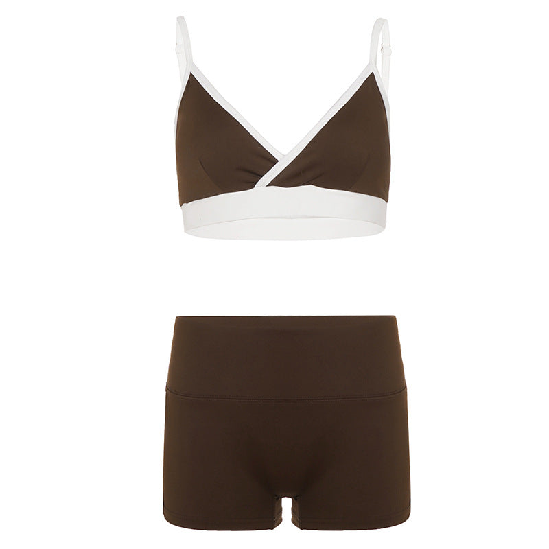 Sports Street Colorblock Triangle Cup Chest Cotton V neck Vest Sexy Shorts Fitness Casual Two Piece Sets