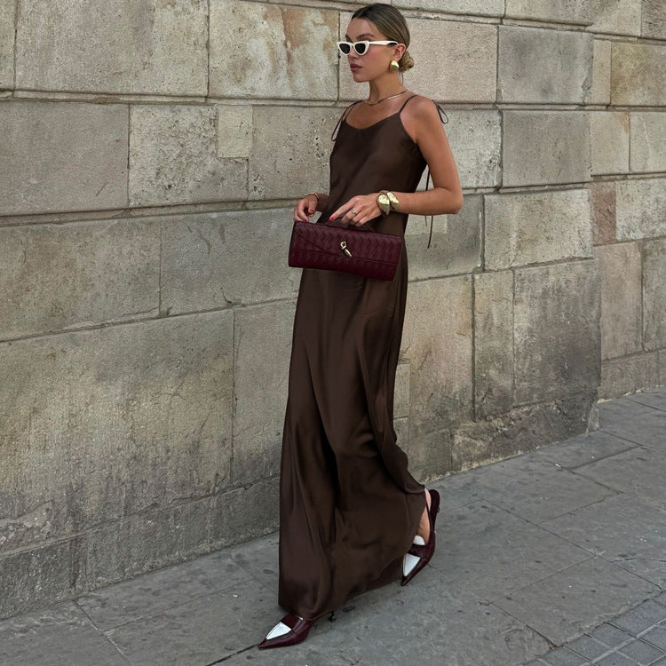 Sexy Long Suspender Dress Women Satin Drape Lace up off Shoulder Sleeveless High Waist Dress
