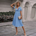 Summer V neck Puff Sleeve Wooden Ear Waist Dress