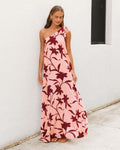 Summer Dress Printed Shoulder Lace up Sexy Vacation Maxi Dress