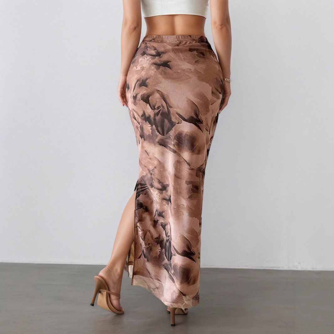 Women Clothing Summer Printed Skirt Sexy Side Split Slimming All-Matching Graceful Long Skirt