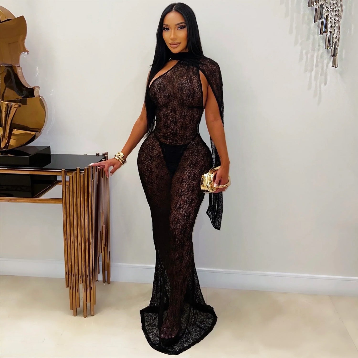 Women Clothing Sexy See through Lace Cappa Fishtail Dress Nightclub Sheath Dress