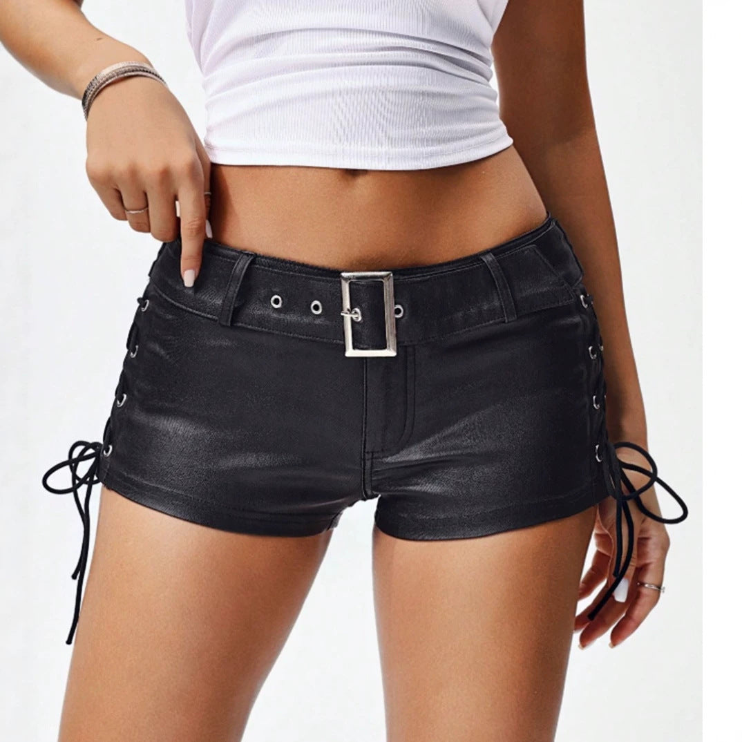 Women Leather Low Waisted Shorts Sexy Sexy Belt Corns Lace up Pants