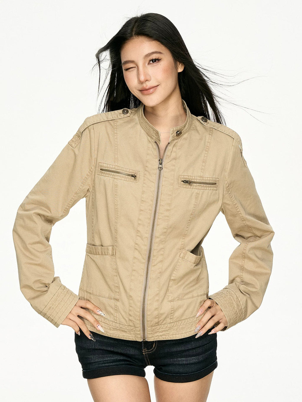 Retro Distressed Stand Collar Cropped Jacket