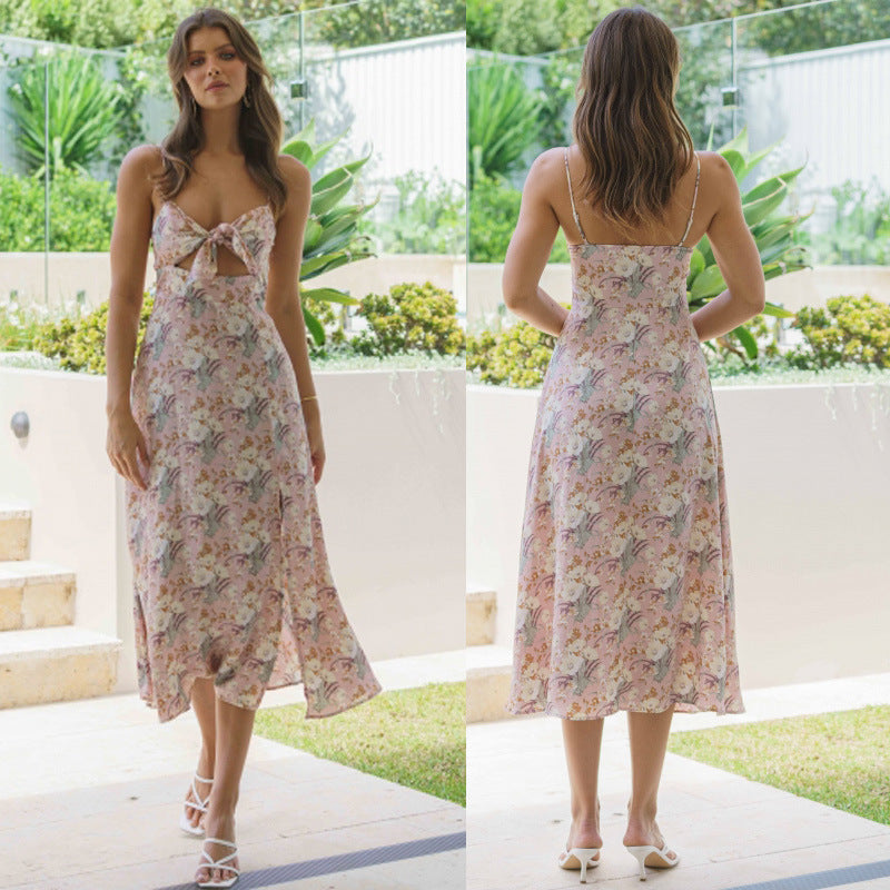 Summer New Sexy Sleeveless Split Printed Lace up Dress for Women