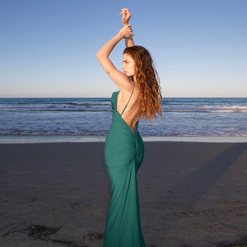 Women Backless Pleated Hip Bag Summer Casual Slim Holiday Maxi Dress