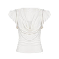 Lace Stitching Faux Two Pieces Swing Collar Chain Decoration Flying Sleeve Top Elegant Fitted Waist Pleated Slim T shirt