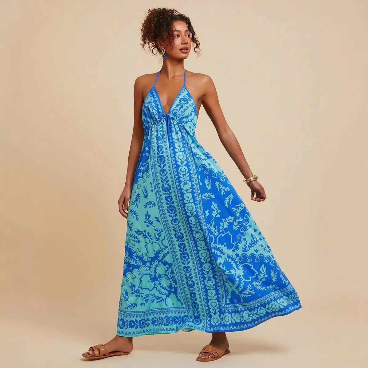 Summer V neck Backless Sexy Positioning Printed Burnt Floral Dress