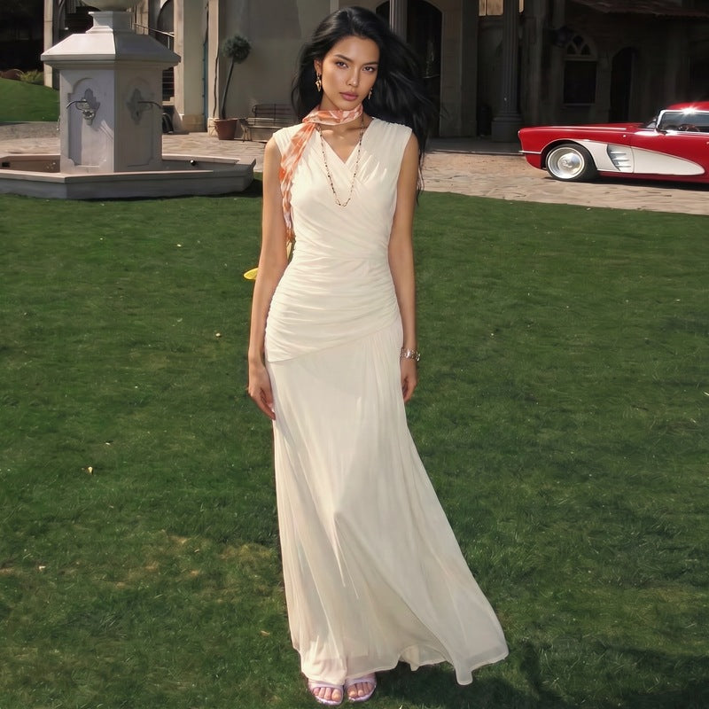 French V neck Solid Color Maxi Dress Summer Waist Slimming Draping Effect Maxi Dress