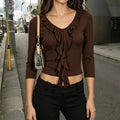 Ruffles V neck Slim Top Half Sleeve Short Bottoming Shirt Solid Color Slim Fit Basic T shirt Women Summer