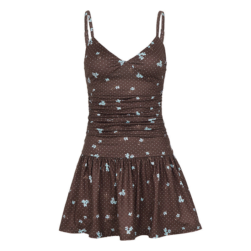 Sexy Shivering Dots V neck Strap Dress Fitted Waist Pleated Vacation Sexy Sleeveless Swing Dres Women