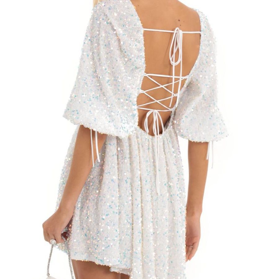 Plus Size Loose Version Sequin Dress Summer Casual round Neck Short Sleeve Solid Color Wide Hem Dress