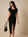 V neck Short Sleeved Dress Single Breasted Split Waist Fitted Slimming Midi Dress