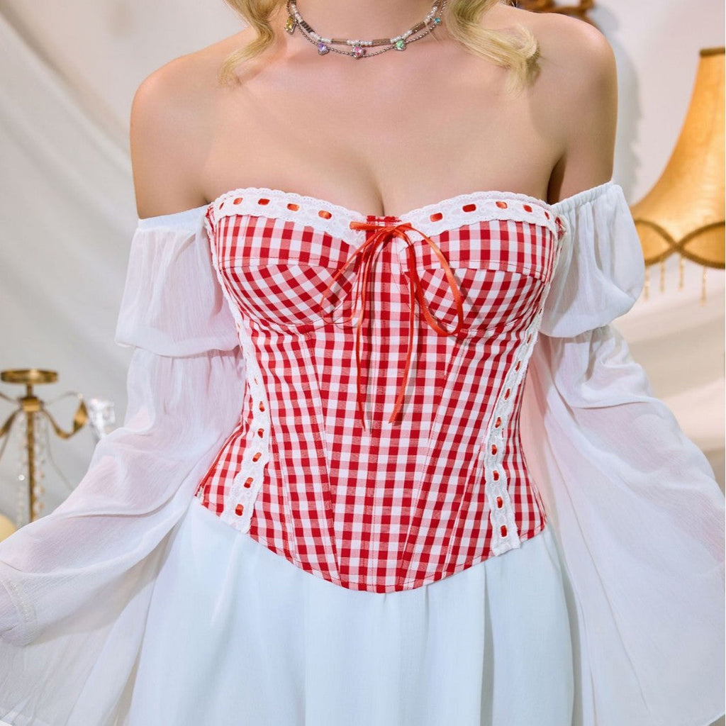 Red White Checkered Close Fitting Body Shaping Top Sweetheart Collar Tight Waist Strapless Slim Fit Tube Top Corset Underwear