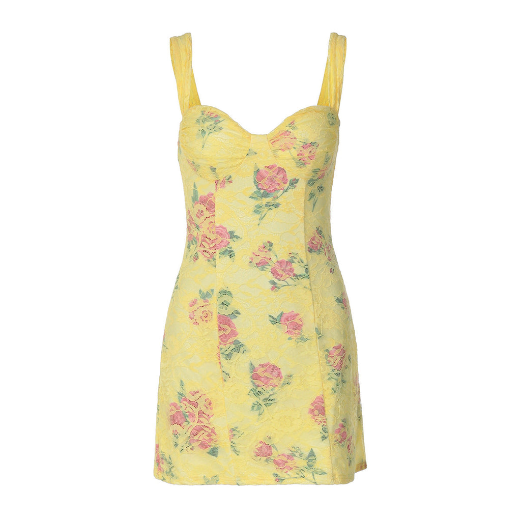 Women Clothing Summer Printed Lace Sheath Sexy Strap Dress