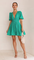 dress Sexy V neck Lantern Sleeve Waist-Tight Princess Dress Women Short Sleeve Dress