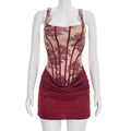 Women Clothing Spring Summer Square Collar Lace Printed Line Stitching Heap Pleated Dress
