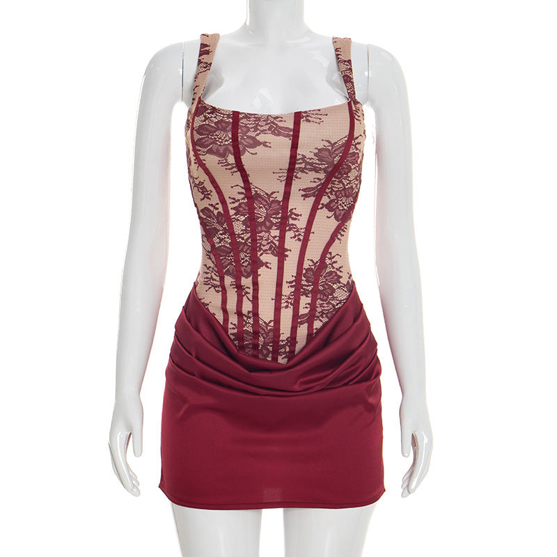 Women Clothing Spring Summer Square Collar Lace Printed Line Stitching Heap Pleated Dress